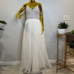 Adrianna Papell Fairy Ivory Sequin Beaded Tulle Maxi Dress Gown Bridal Event 8